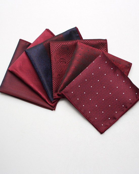 Factory-direct men's suit pocket squares. Wedding groomsmen and host burgundy striped polka dot square handkerchiefs.