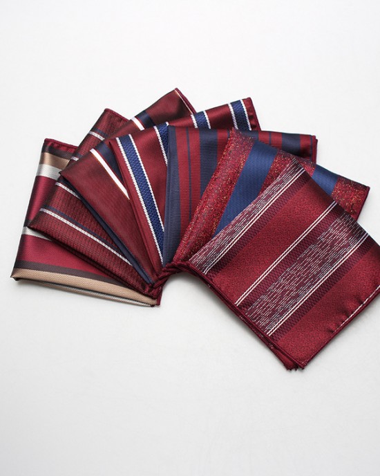 Factory-direct men's suit pocket squares. Wedding groomsmen and host burgundy striped polka dot square handkerchiefs.