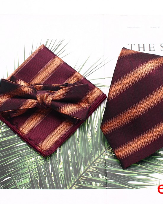 Men's tie sets, three-piece polyester striped tie, bow tie, and square handkerchief sets available Wholesale Suit Accessories