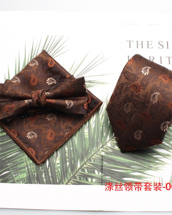 New brown polyester gentleman's fashionable casual men's tie, bow tie with handkerchief, ready for wholesale.