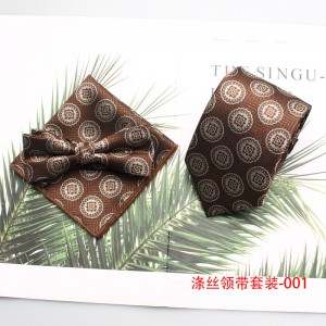 New brown polyester gentleman's fashionable casual men's tie, bow tie with handkerchief, ready for wholesale.