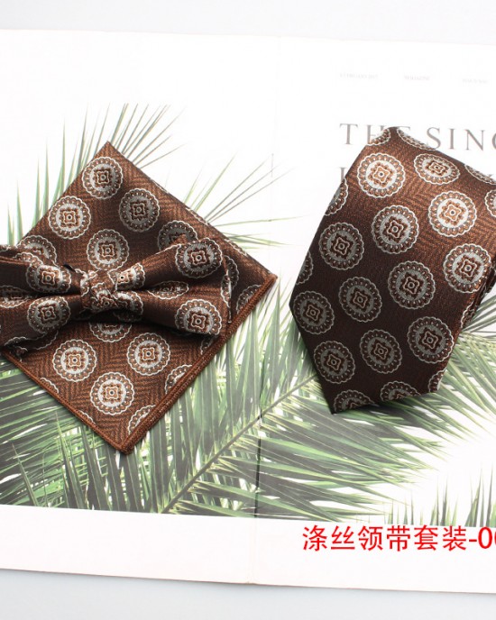 New brown polyester gentleman's fashionable casual men's tie, bow tie with handkerchief, ready for wholesale.