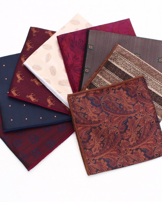 Manufacturer of men's business suit pocket squares, patterned wedding handkerchiefs, and small square handkerchiefs for banquets and suit accessories.