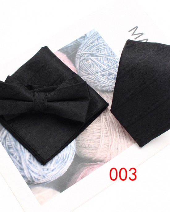 Business formal wear, three-piece tie, pocket scarf, and bow tie set Men's three-piece suit, striped scarf, tie, and bow tie set.