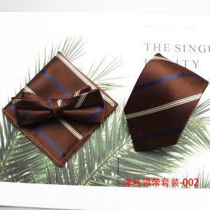 New brown polyester gentleman's fashionable casual men's tie, bow tie with handkerchief, ready for wholesale.