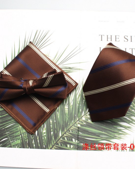New brown polyester gentleman's fashionable casual men's tie, bow tie with handkerchief, ready for wholesale.