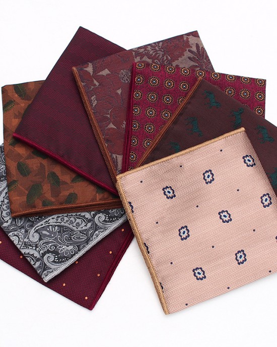 Manufacturer of men's business suit pocket squares, patterned wedding handkerchiefs, and small square handkerchiefs for banquets and suit accessories.