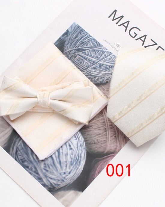 Business formal wear, three-piece tie, pocket scarf, and bow tie set Men's three-piece suit, striped scarf, tie, and bow tie set.