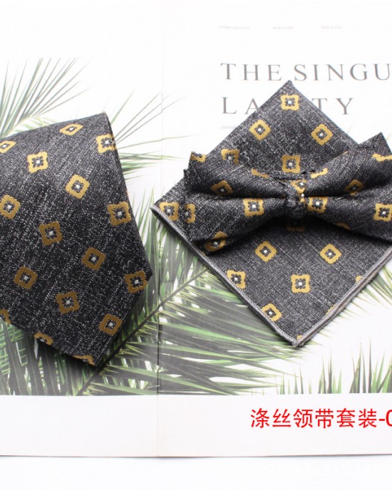 Shengzhou factory wholesale new three-piece polyester silk tie and bow tie with handkerchief for men's business fashion tie sets.