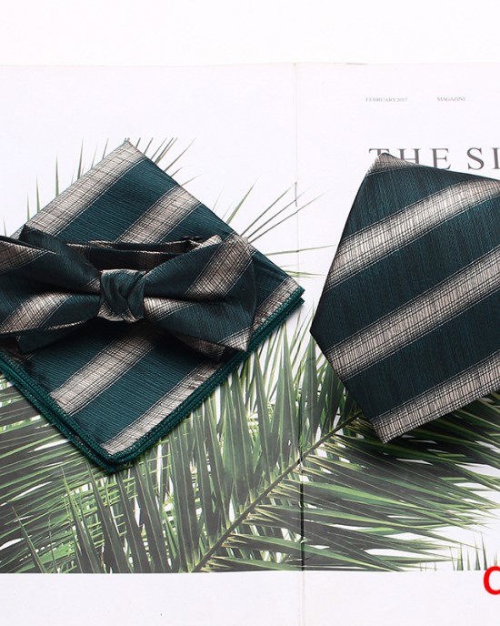 Men's tie sets, three-piece polyester striped tie, bow tie, and square handkerchief sets available Wholesale Suit Accessories