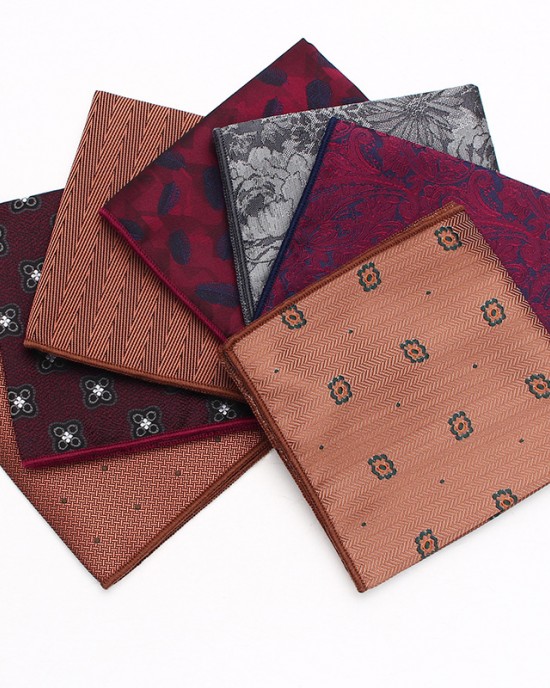Manufacturer of men's business suit pocket squares, patterned wedding handkerchiefs, and small square handkerchiefs for banquets and suit accessories.