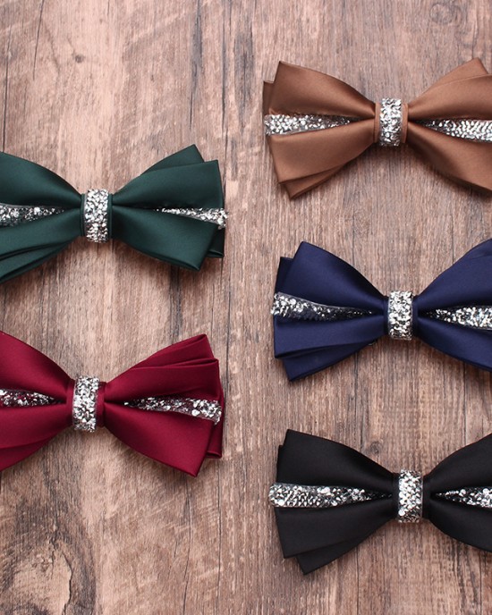 Solid color diamond-encrusted double-layered business bow ties for men and women, wedding and banquet shirts, suit accessories, wholesaler