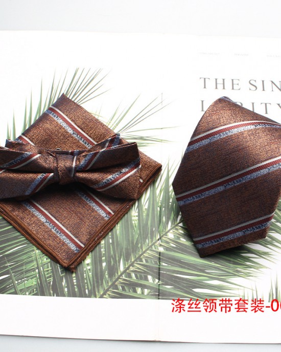 New brown polyester gentleman's fashionable casual men's tie, bow tie with handkerchief, ready for wholesale.