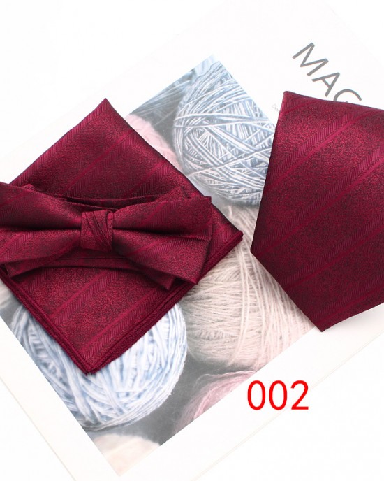 Business formal wear, three-piece tie, pocket scarf, and bow tie set Men's three-piece suit, striped scarf, tie, and bow tie set.